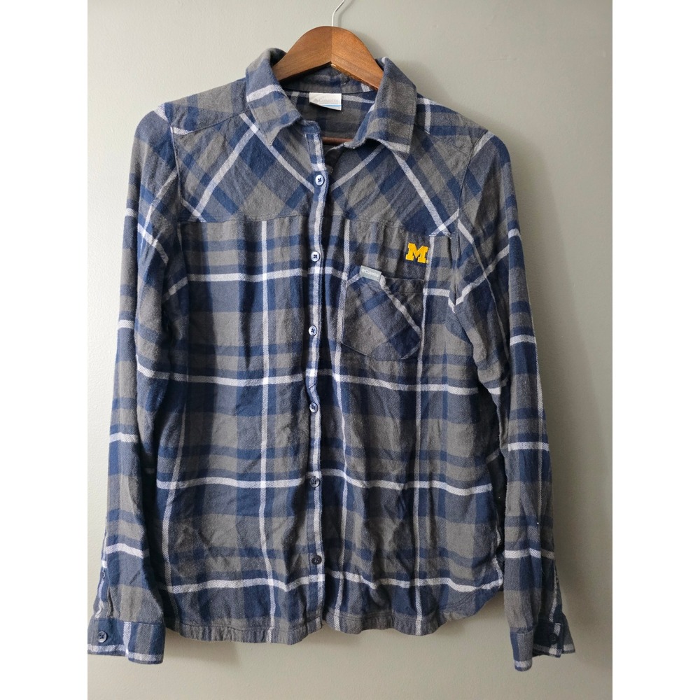 Columbia -U of M 100% Cotton Plaid Flannel Shirt Womens Large Grey Blue AL1259